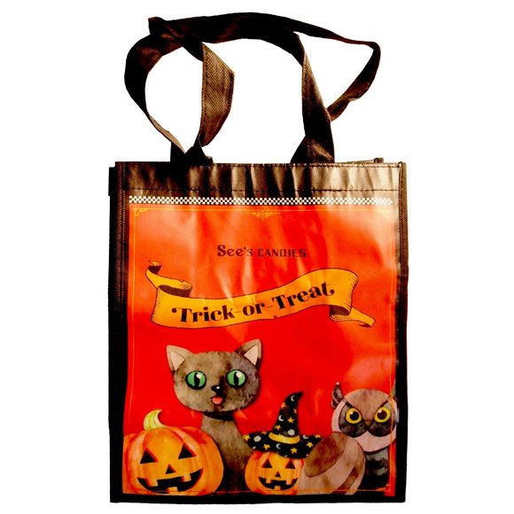 See's Candies Trick-or-Treat Bag Cat, Pumpkins, Owl, Witch Hat Orange and Black - Picture 2 of 3